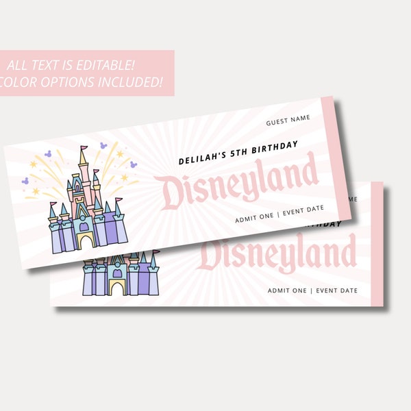 Vintage Disney Birthday Tickets, Vintage Theme Park Birthday Admit One, Magic Castle Birthday Ticket, Editable Template, Instant Download