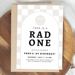 One Rad Dude Birthday Invitation, Boy First Birthday Party, Modern Cool Smiley Checkered Invitation, Editable Template, Instant Download