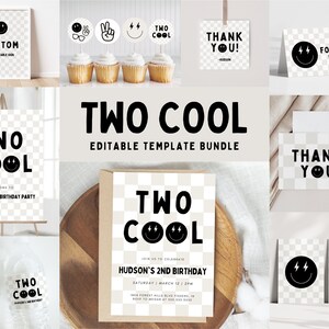 Two Cool Birthday Bundle, Boy Second Birthday Party Bundle, Modern Two Cool Smiley Face Bundle, Editable Template, Instant Download