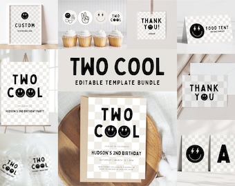 May include: Editable printable templates for a 2nd birthday party with the theme "Two Cool". The templates feature a black and white smiley face with lightning bolts and the text "Two Cool".