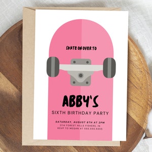 Skateboard Birthday Invitation, Skater Birthday Invite, Modern Girl Skate Board Party, Editable Template, Instant Download
