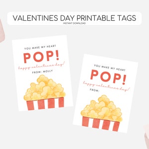 Popcorn Valentines Day Cards, Printable Popcorn Valentines Day Tags, You Make My Heart Pop Valentine Tag, Editable Instant Download