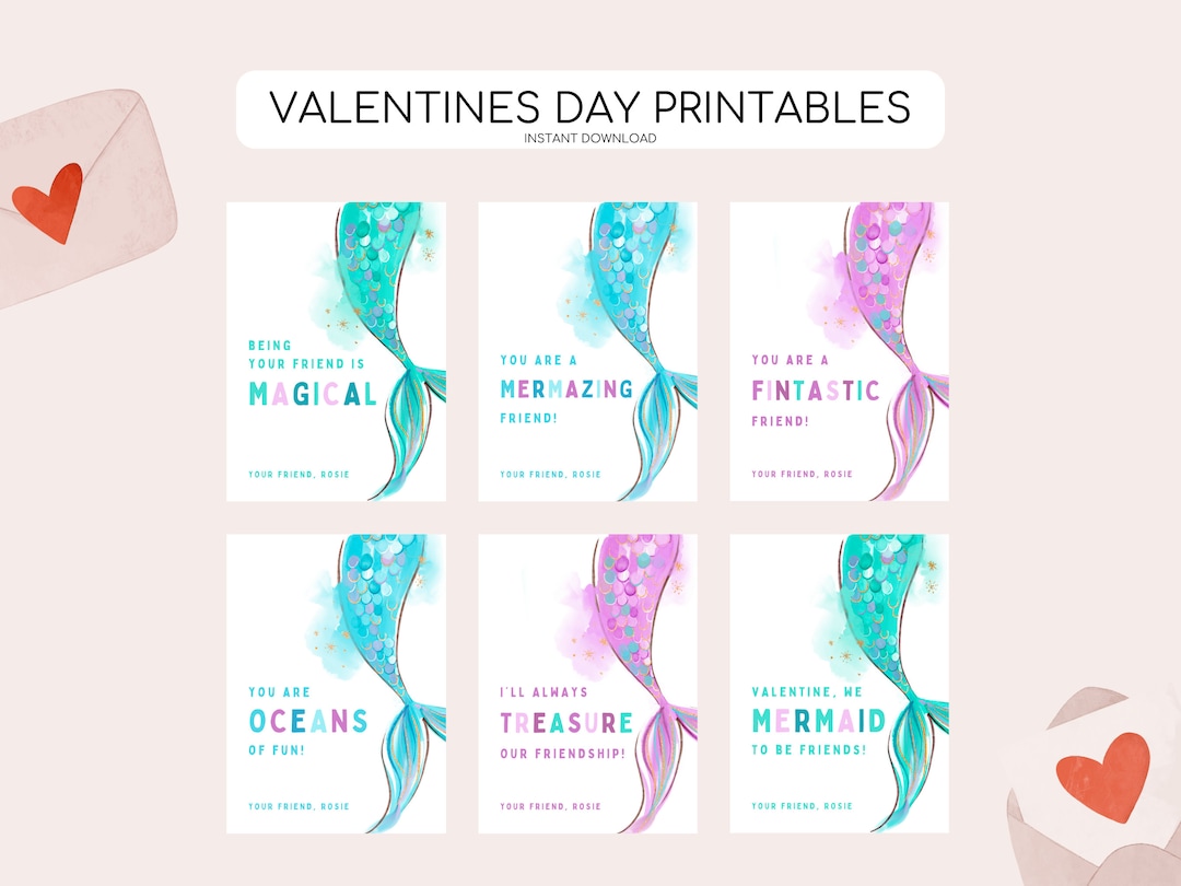Kids Mermaid Valentines Day Cards, Printable Valentines Day Tags, Kid ...