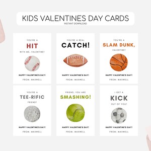 May include: Six printable Valentine's Day cards featuring sports-themed illustrations and messages. The cards are white with red, orange, green, and black watercolour illustrations of a baseball, football, basketball, golf ball, tennis ball, and football. Each card has a different message, such as "You're a Hit", "You're a Real Catch", "You're a Slam Dunk", "You're a Tee-Rific Friend", "Friend, You Are Smashing", and "I Get a Kick Out of You".