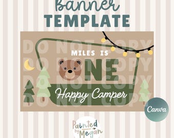 Plantilla de pancarta "One Happy Camper", plantilla de pancarta de cumpleaños "Acampando con oso", plantilla de pancarta de Canva, letrero pintado, descarga digital editable