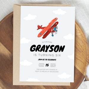 Airplane Birthday Party Invitation, Plane Party Invite, Fly On Over, Vintage Airplane Invitation, Editable Invitation, Instant Download