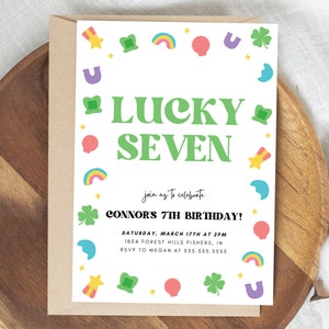 Invitación de cumpleaños de Lucky Seven, invitación de amuleto de la suerte, cumpleaños del día de San Patricio, invitación de cumpleaños de Lucky 7, plantilla editable, descarga instantánea