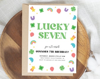 Lucky Seven Birthday Invitation, Lucky Charm Invite, St. Patricks Day Birthday, Lucky 7 Birthday Invite, Editable Template, Instant Download