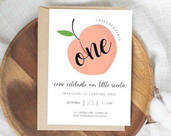 Peach Birthday Party Invitation, Peach First Birthday Invite, Sweet As A Peach Invitation, Editable Template, Instant Download