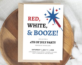 Red White and Booze Invitation, 4th Of July Party Invite, Fourth Of July BBQ Invitation, Red White and Blue, Editable Instant Download