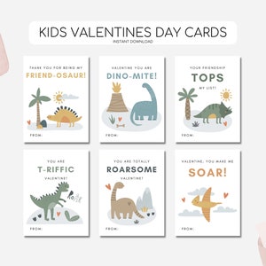 May include: Six printable Valentine's Day cards featuring cute dinosaur illustrations and fun messages. The cards are designed in a light blue, green, and orange color scheme with a white background.