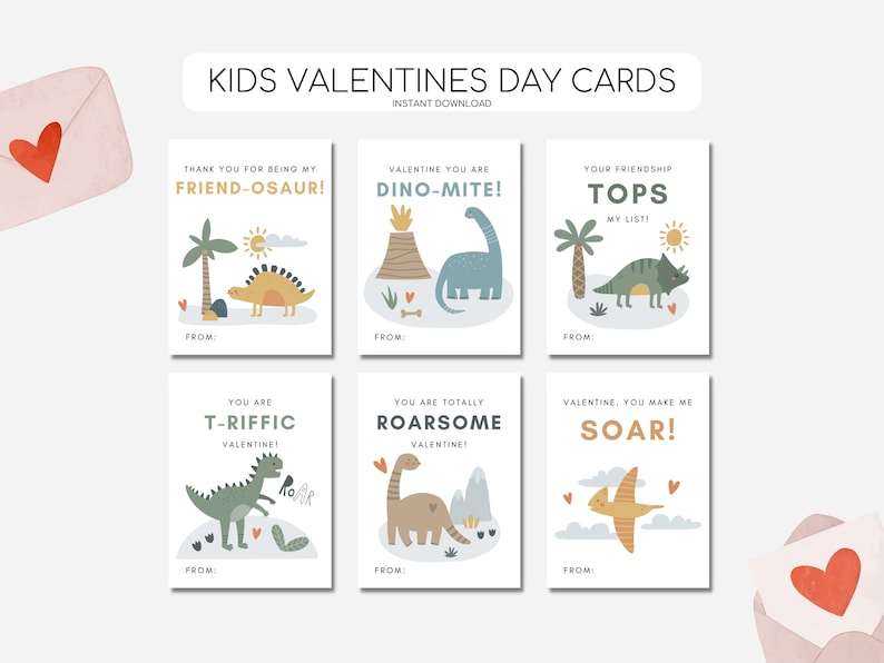 May include: Six printable Valentine's Day cards featuring cute dinosaur illustrations and fun messages. The cards are designed in a light blue, green, and orange color scheme with a white background.