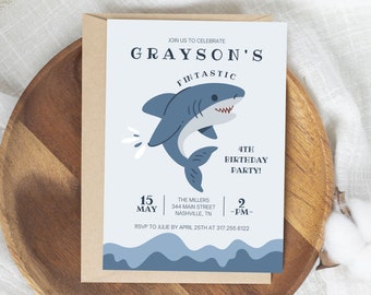 Shark Fintastic Kid Birthday Party Invitation, Shark Ocean Birthday Invite, Fintastic Birthday Invite, Editable Template, Instant Download