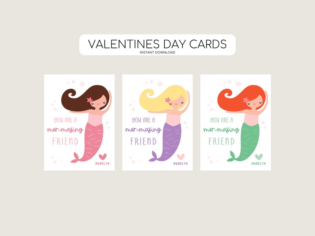 Kids Mermaid Valentines Day Cards, Printable Modern Valentines Day Tags ...