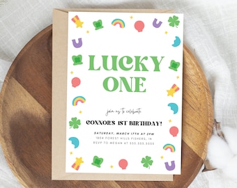 Lucky One Birthday Invitation, Lucky Charms Invite, St. Patricks Day Birthday, Shamrock First Birthday Party, Editable Instant Download