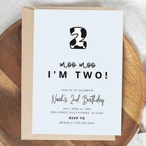 Moo Moo I&#39;m Two Birthday Invitation, Cow Second Birthday Invitation, Cow 2nd Birthday, Editable Template, Instant Download