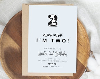 Moo Moo Soy dos invitación de cumpleaños, invitación de segundo cumpleaños de vaca, segundo cumpleaños de vaca, plantilla editable, descarga instantánea