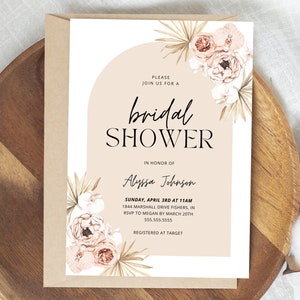 Pampas Bridal Shower Invite, Boho Bridal Shower Invitation, Modern Arch Bridal Shower Invite Template, Minimalist Shower, Instant Download