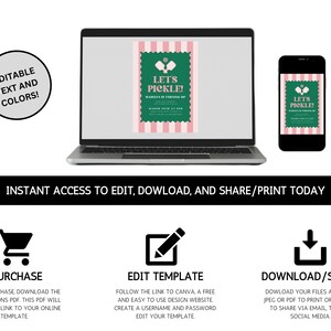 May include: A laptop and smartphone display a green and pink invitation design with the text "Let's Pickle!" The invitation is for a pickleball event. The image also includes icons for purchase, editing, and downloading.
