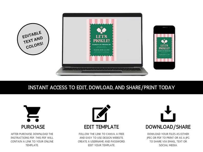 May include: A laptop and smartphone display a green and pink invitation design with the text "Let's Pickle!" The invitation is for a pickleball event. The image also includes icons for purchase, editing, and downloading.