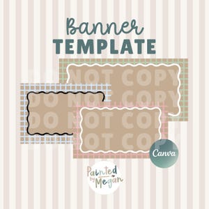 Puede incluir: Un diseño de plantilla de banner digital con el texto "Plantilla de banner" en color turquesa. El diseño incluye tres formas rectangulares con bordes ondulados y las palabras "No copiar" en un patrón repetitivo. También está presente el logotipo de Canva.