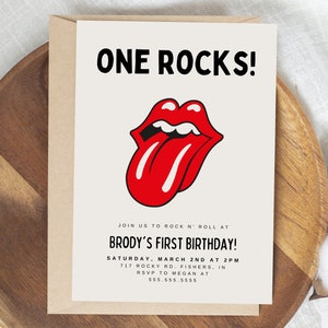 Rock and Roll Birthday Invitation, One Rocks Party Invite, Rock N Roll, Music Birthday, Rolling Stones, Editable Template, Instant Download