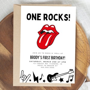 Invitation d'anniversaire Rock and Roll, One Rocks Party Invite, Rock N Roll, anniversaire de musique, Rolling Stones, modèle modifiable, téléchargement immédiat