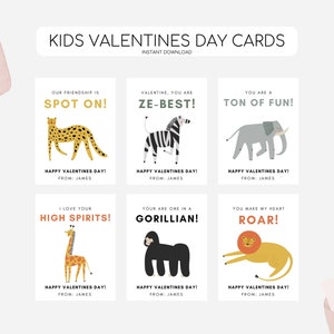 May include: Six printable Valentine's Day cards featuring animal illustrations and puns. The cards are designed for kids and feature a giraffe, gorilla, lion, zebra, elephant, and cheetah.