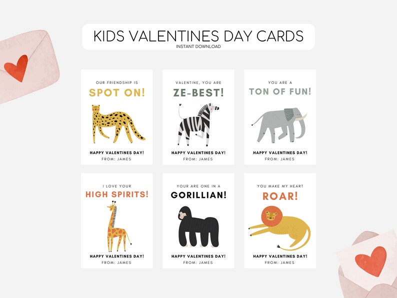 May include: Six printable Valentine's Day cards featuring animal illustrations and puns. The cards are designed for kids and feature a giraffe, gorilla, lion, zebra, elephant, and cheetah.