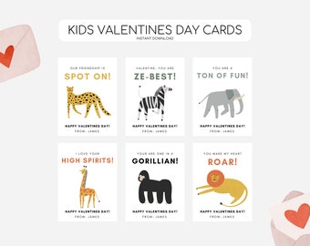 May include: Six printable Valentine's Day cards featuring animal illustrations and puns. The cards are designed for kids and feature a giraffe, gorilla, lion, zebra, elephant, and cheetah.