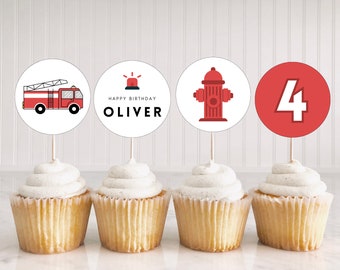 Fire Truck Birthday Cupcake Toppers, Fire Engine Decor, Boy Birthday Party Decorations, Red Truck, Editable Template, Instant Download