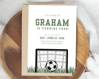 May include: A green and white soccer-themed birthday invitation for a boy turning four. The invitation says "Let's Kick It! Graham is turning four." It includes the date and time of the party, the address, and an RSVP number. The invitation features a cartoon soccer ball and goal.