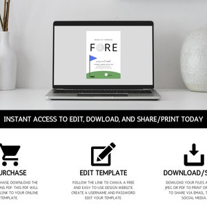 May include: A computer screen displaying a green and white golf-themed invitation template with the text "FORE" in black. The screen is on a white desk with a vase of dried flowers and a cup of colored pencils. The text below the screen reads "INSTANT ACCESS TO EDIT, DOWNLOAD, AND SHARE/PRINT TODAY". Below the text are three icons: a shopping cart, a pencil in a square, and a download arrow in a square. Each icon has text below it describing the action: "PURCHASE", "EDIT TEMPLATE", and "DOWNLOAD/SHARE".