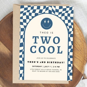 Two Cool Birthday Invitation, Boy Second Birthday Party, Modern Cool Smiley Checkered Invitation, Editable Template, Instant Download