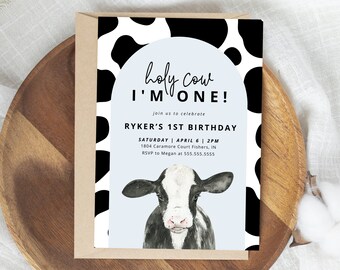 Holy Cow Birthday Invitation, Cow First Birthday Invitation, Holy Cow I'm One Invite, Farm 1st Birthday, Editable Template, Instant Download