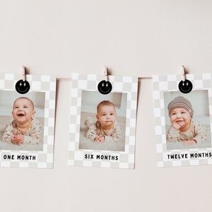 One Cool Dude Birthday Photo Banner, Boy First Birthday Month To Month Banner, Modern Cool Smiley, Editable Template, Instant Download