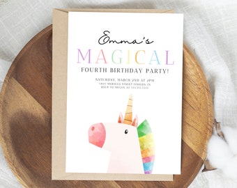 Unicorn Birthday Invitation, Magical Birthday Party Invite, Modern Unicorn Invitation, Rainbow Birthday, Editable Template, Instant Download
