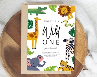 Invitación a la fiesta de cumpleaños de Wild One, invitación de cumpleaños de Safari Wild One Animal, primera fiesta de cumpleaños, descarga instantánea