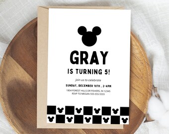 Modern Mickey Mouse Birthday Invitation, Disney Black and White Invite, Mickey Birthday Invite, Editable Template, Instant Download