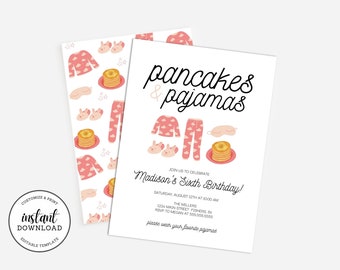 May include: A printable invitation for a child's birthday party. The invitation features a pink and white pattern with illustrations of pajamas, pancakes, and bunny slippers. The text reads "pancakes & pajamas" and "Madison's Sixth Birthday!" with details about the party date, time, and location.