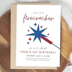 Our Little Firecracker Birthday Invitation, Fireworks Birthday Party Invite, 4th of July Birthday, Editable Template, Instant Download