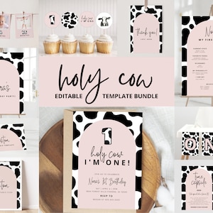 Holy Cow Birthday Bundle, Cow First Birthday Party Pack, Holy Cow I'm One Bundle, Farm 1st Birthday, Editable Template, Instant Download