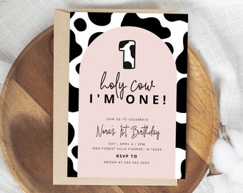Holy Cow Birthday Invitation, Cow First Birthday Invitation, Holy Cow I&#39;m One Invite, Farm 1st Birthday, Editable Template, Instant Download