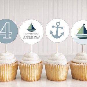 Sailboat Birthday Cupcake Toppers, Nautical Birthday Party Decorations, Anchors Away, Boat Birthday Party, Editable Instant Download