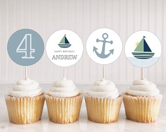 Sailboat Birthday Cupcake Toppers, Nautical Birthday Party Decorations, Anchors Away, Boat Birthday Party, Editable Instant Download