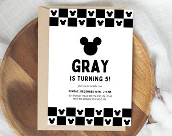 Modern Mickey Mouse Birthday Invitation, Disney Black and White Invite, Mickey Birthday Invite, Editable Template, Instant Download