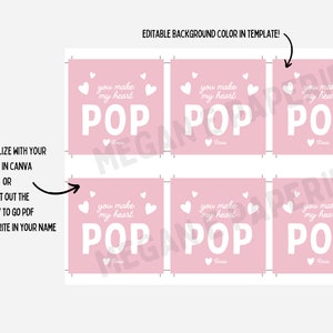 May include: Six pink printable gift tags with white hearts and the text "You make my heart POP".