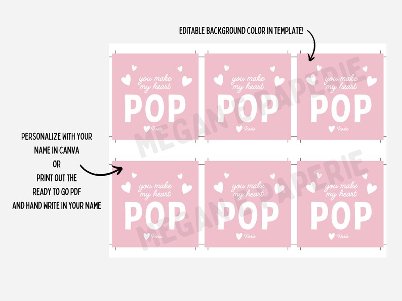 May include: Six pink printable gift tags with white hearts and the text "You make my heart POP".