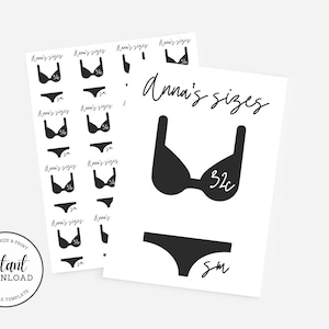 Lingerie Size Inserts, Bachelorette Party Size Inserts, Undergarment Size Insert, Underwear Bra Insert, Editable Template, Instant Download