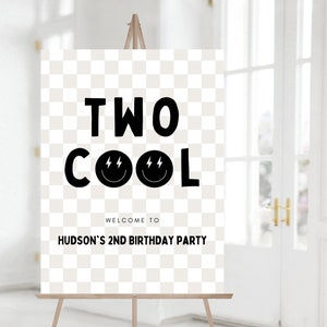Two Cool Birthday Welcome Sign, Boy Second Birthday Decor, Modern Two Cool Smiley Face Decorations, Editable Template, Instant Download